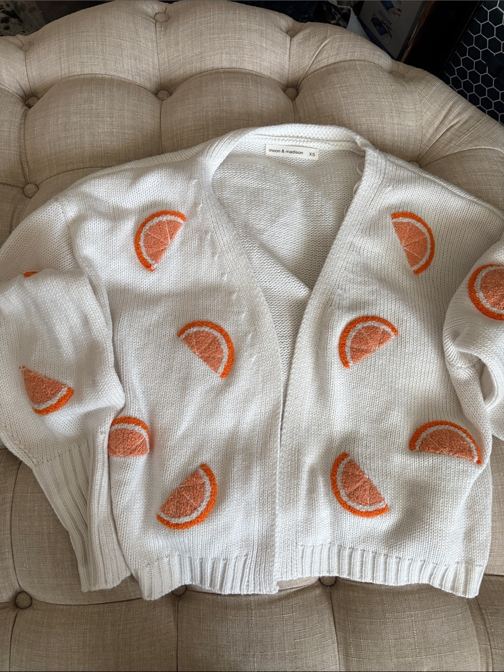 moon & madison White Cardigan with Orange Slice Motif